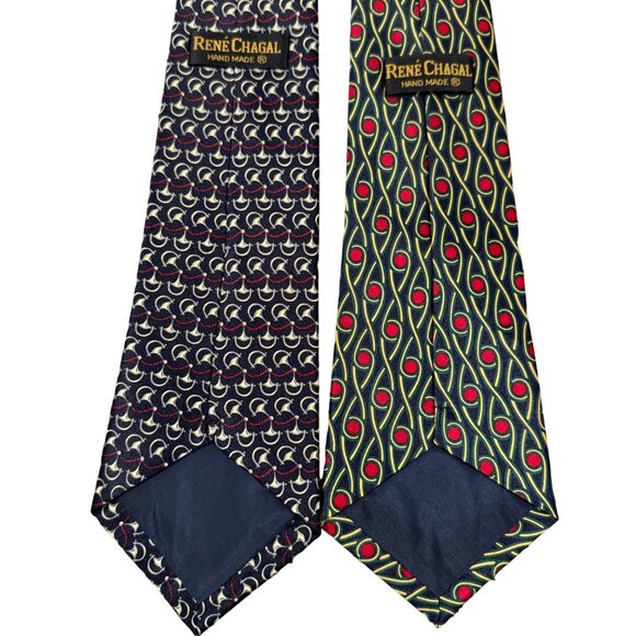 2 X Rene Chagal Men Handmade Necktie Tie Myung Ju Silk Black Red Foulard 56x3.75 - Picture 5 of 9